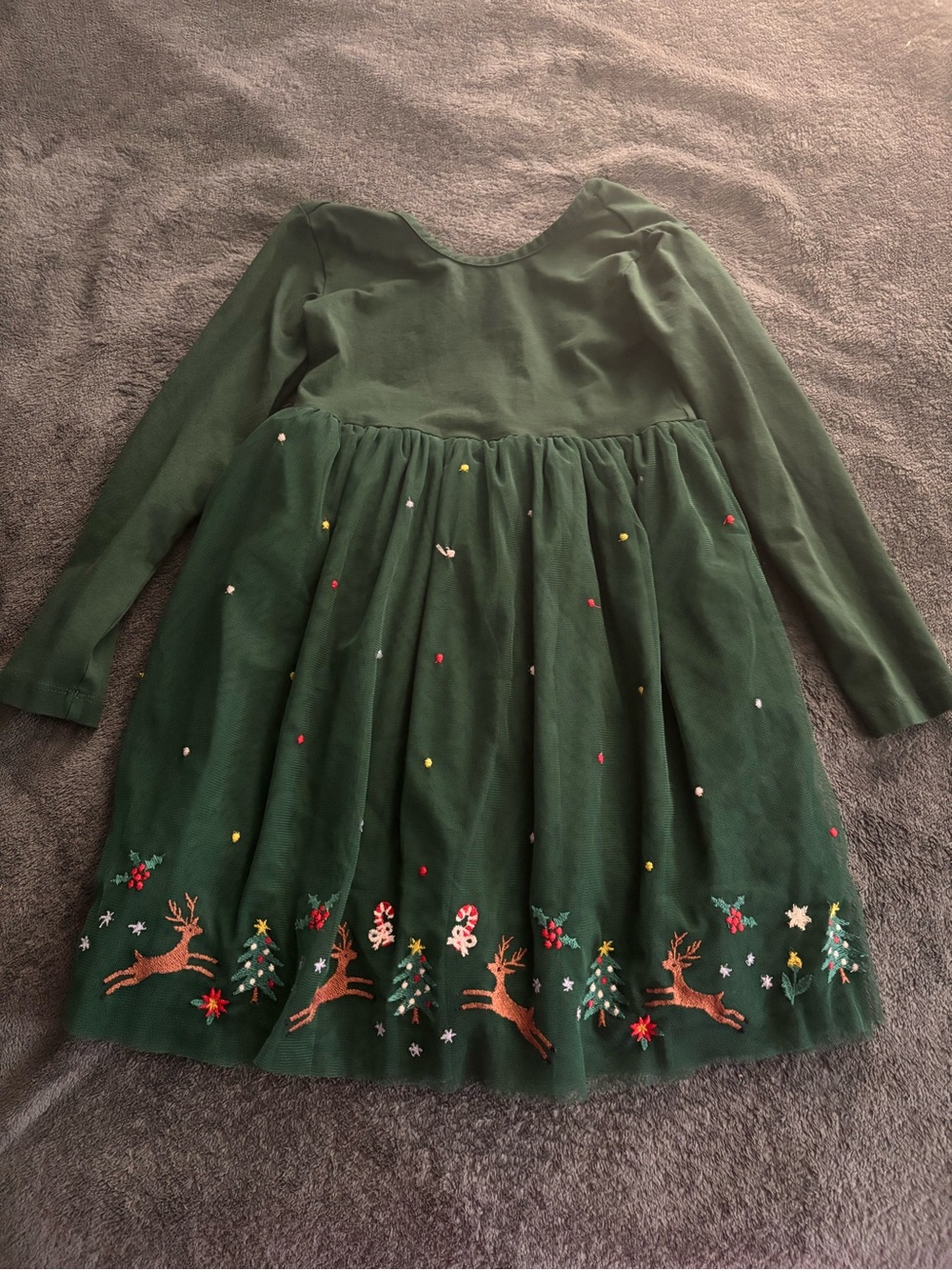 Hanna Andersson Green Holiday Reindeer Tulle Dress with Embroidered Border
